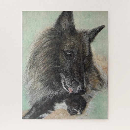 ベルギーの羊飼いの犬が黒い子猫を抱く ジグソーパズル (縦)