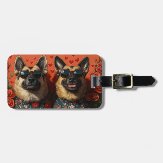 ベルギーシェパードとハートバラバレンタインデー ラゲッジタグ (正面横)