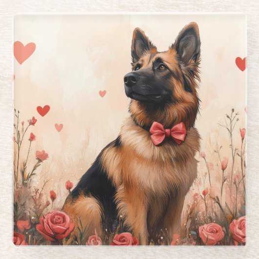 ベルギーシェパードとバラ – バレンタインデー ガラスコースター (正面)