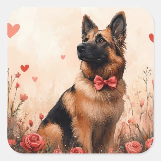 ベルギーシェパードとバラ – バレンタインデー スクエアシール (正面)