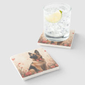 ベルギーシェパードとバラ – バレンタインデー ストーンコースター (横)