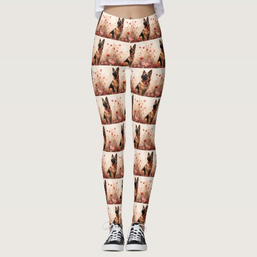 ベルギーシェパードとバラ – バレンタインデー レギンス (正面)