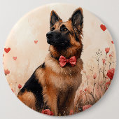 ベルギーシェパードとバラ – バレンタインデー 缶バッジ (正面)