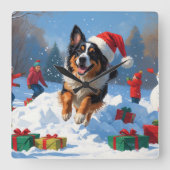ベルギーシェパードクリスマスフェスティバルスノーシーン スクエア壁時計 (正面)