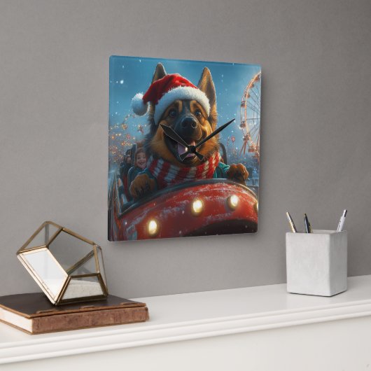 ベルギーシェパードドッグローラーコースタークリスマス スクエア壁時計 (オフィス)