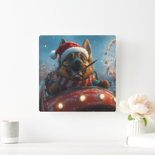 ベルギーシェパードドッグローラーコースタークリスマス スクエア壁時計 (ホーム)