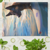 ベルギーシェパードビーチ絵画サーフィン キッチンタオル (折り畳み)