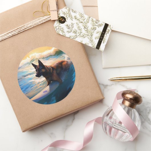 ベルギーシェパードビーチ絵画サーフィン ラウンドシール (ギフト)