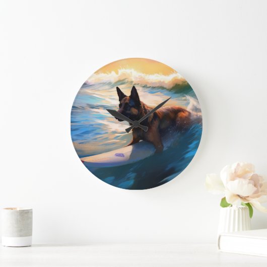 ベルギーシェパードビーチ絵画サーフィン ラージ壁時計 (ホーム)