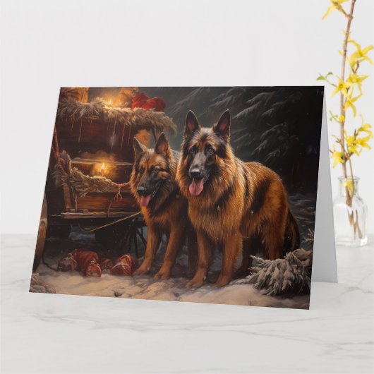 ベルギーシェパード雪そりのクリスマスデコール カード (黄色い花)