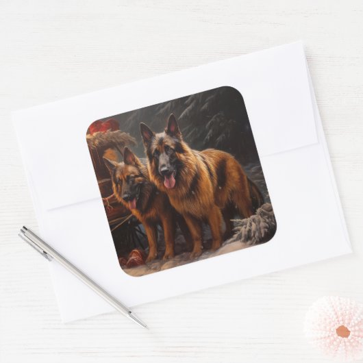 ベルギーシェパード雪そりのクリスマスデコール スクエアシール (封筒)