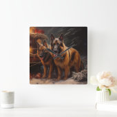 ベルギーシェパード雪そりのクリスマスデコール スクエア壁時計 (ホーム)