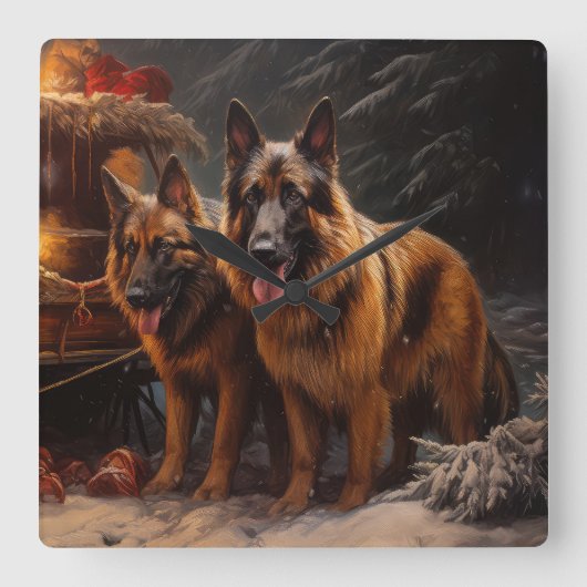 ベルギーシェパード雪そりのクリスマスデコール スクエア壁時計 (正面)