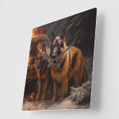 ベルギーシェパード雪そりのクリスマスデコール スクエア壁時計 (傾斜)