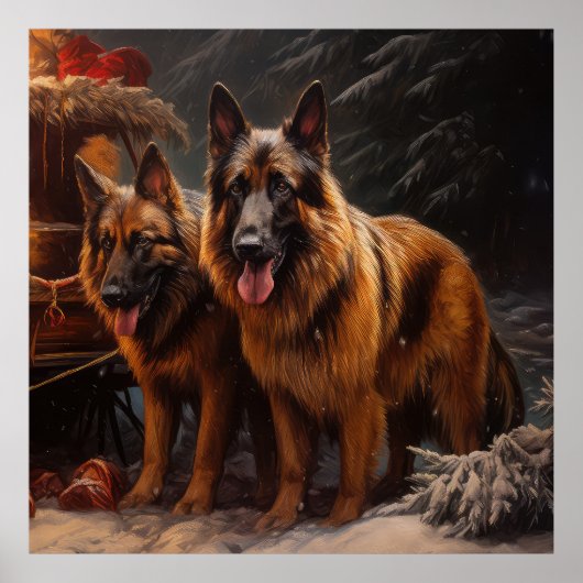 ベルギーシェパード雪そりのクリスマスデコール ポスター (正面)