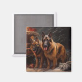 ベルギーシェパード雪そりのクリスマスデコール マグネット (正面/裏面)