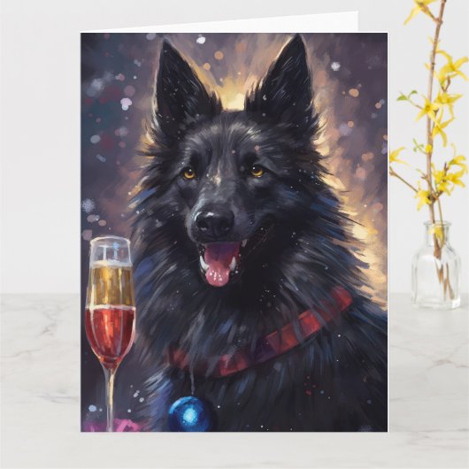 ベルギーシェプドッグ新年 カード (黄色い花)