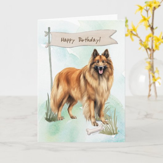 ベルギーテルブレン犬のアウトドアの下の誕生日標識 カード (黄色い花)