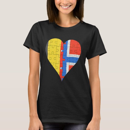 ベルギーノルウェー国旗のハート Tシャツ (正面)