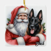 ベルギーパーソナライズされたのマリノワ犬とサンタ セラミックオーナメント (正面)