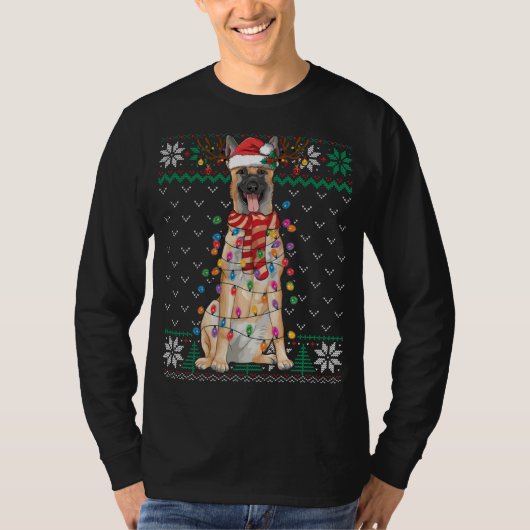 ベルギーマリノイスクリスマス醜いセーターおもしろい犬 Tシャツ (正面)