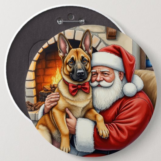 ベルギーマリノワのクリスマスアートを抱くサンタクロース 缶バッジ (正面&裏面)