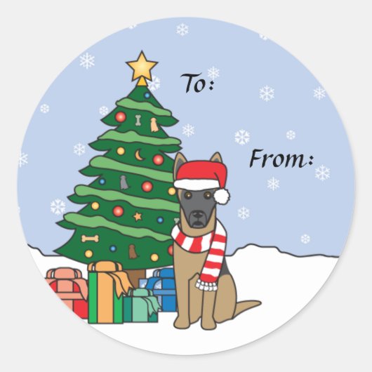 ベルギー人Malinoisおよびクリスマスツリー ラウンドシール (正面)