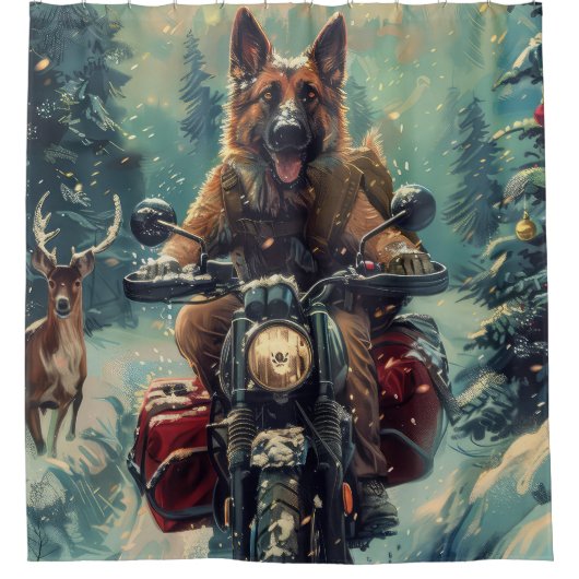 ベルギー羊飼い犬オートバイクリスマスに乗る シャワーカーテン (正面)