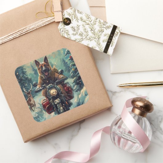 ベルギー羊飼い犬オートバイクリスマスに乗る スクエアシール (ギフト)