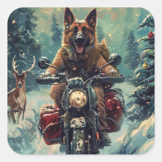 ベルギー羊飼い犬オートバイクリスマスに乗る スクエアシール (正面)
