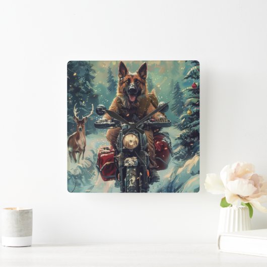 ベルギー羊飼い犬オートバイクリスマスに乗る スクエア壁時計 (ホーム)