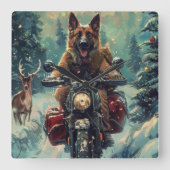 ベルギー羊飼い犬オートバイクリスマスに乗る スクエア壁時計 (正面)