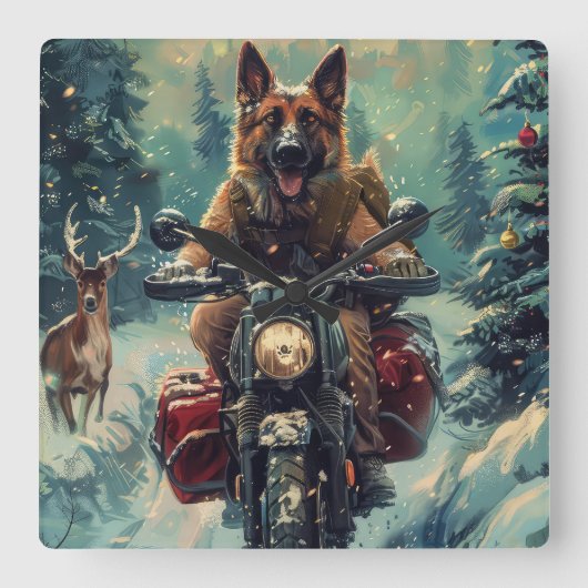 ベルギー羊飼い犬オートバイクリスマスに乗る スクエア壁時計 (正面)