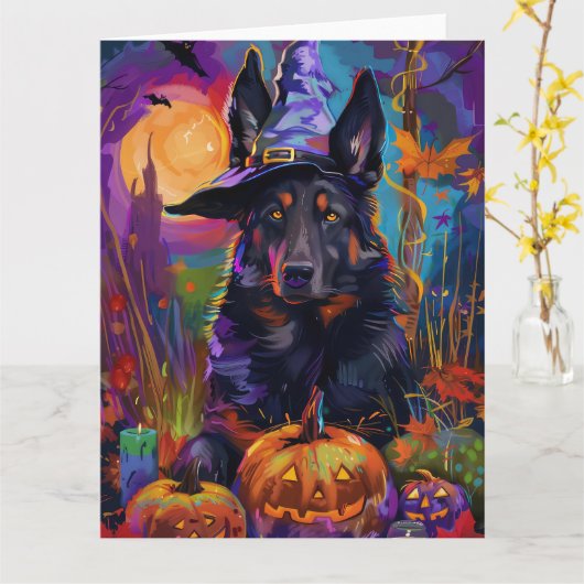 ベルギ不気味ンシェパードハロウィンウィッチカボチャ カード (黄色い花)