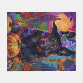 ベルギ不気味ンシェパードハロウィンウィッチカボチャ フリースブランケット (正面(横))