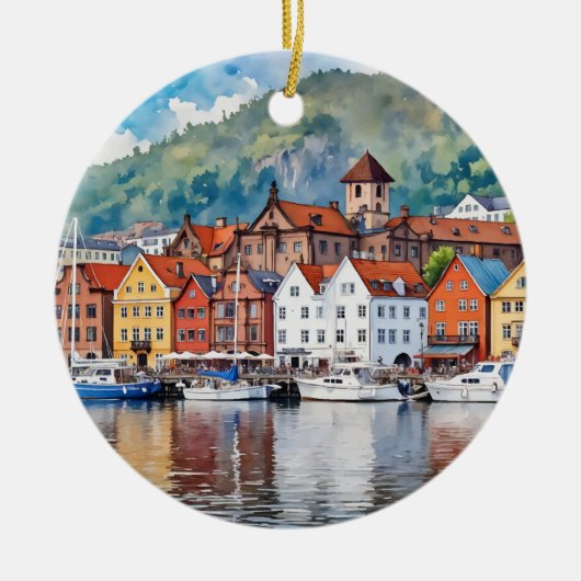 ベルゲンノルウェーウォーターカラー セラミックオーナメント (正面)