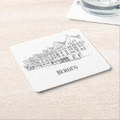 ベルゲンノルウェーストリートスケープ美しいラインスケッチ スクエアペーパーコースター (アングル)