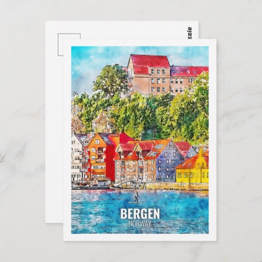 ベルゲンノルウェー有名な旅行水のカラースケッチ ポストカード (正面/裏面)