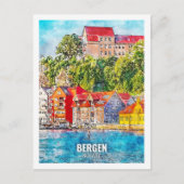 ベルゲンノルウェー有名な旅行水のカラースケッチ ポストカード (正面)