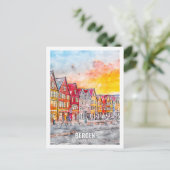 ベルゲンホルダランノルウェートラベルプレイスウォーターカラー ポストカード (スタンド正面)