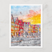 ベルゲンホルダランノルウェートラベルプレイスウォーターカラー ポストカード (正面)