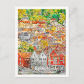 ベルゲンホルダランノルウェートラベルプレイスウォーターカラー ポストカード (正面)