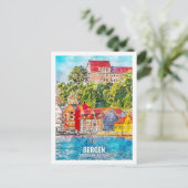 ベルゲンホルダランノルウェートラベルプレイスウォーターカラー ポストカード (スタンド正面)