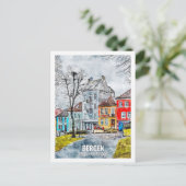 ベルゲンホルダランノルウェートラベルプレイスウォーターカラー ポストカード (スタンド正面)