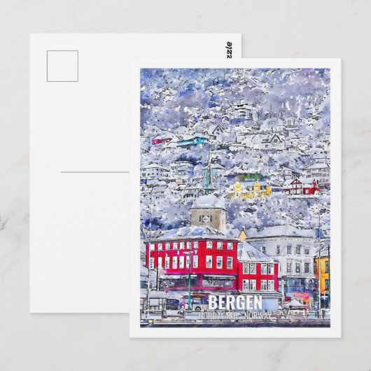 ベルゲンホルダランノルウェートラベルプレイスウォーターカラー ポストカード (正面/裏面)