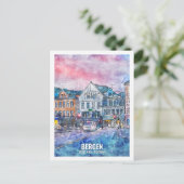 ベルゲンヴェストランドノルウェートラベルプレイスウォーターカラー ポストカード (スタンド正面)