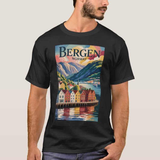 ベルゲン ノルウェー イラスト 旅行 アート ヴィンテージ Tシャツ (正面)