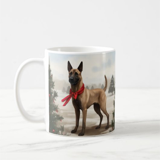ベルジアンマリノアの犬と雪のクリスマス コーヒーマグカップ (左)