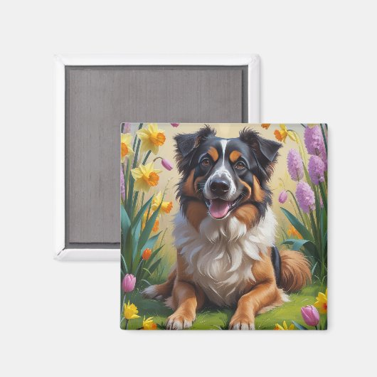 ベルジアン・シェパード 春の花の絵画 マグネット (正面/裏面)
