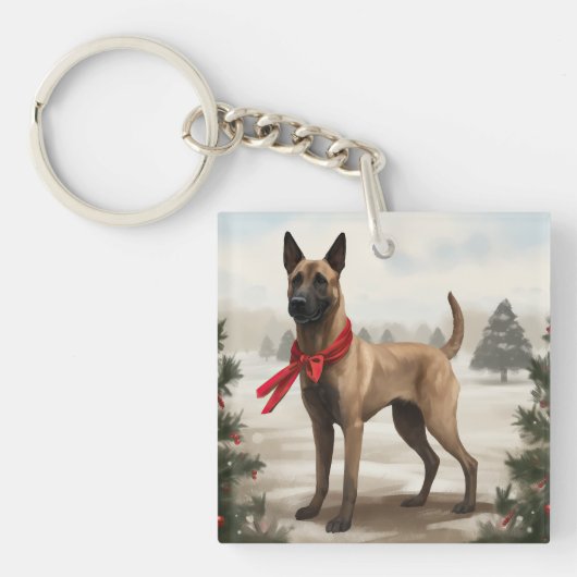 ベルジアン・マリノアの犬と雪のクリスマス キーホルダー (正面)